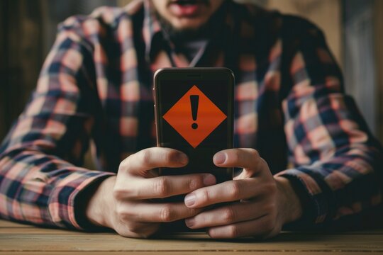 Shocked Man with Smartphone Showing Warning Sign. Surprised man on a city street holding a smartphone displaying an orange exclamation point, suggesting alarming news or alert.

