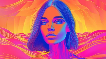 Fototapete Rund Hyperintense Colorblast Woman Face Background - Supermodel Girl Neon Overload Face with Vibrant and Swirling Energy Vitality Lines Representing the Landscape created with Generative AI Technology © Sentoriak