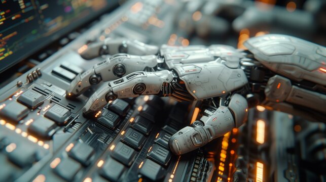a robotic hand is typing on a computer keyboard