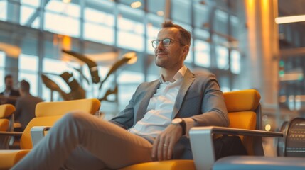 Businessman Wait for a Flight and Sit in the Boarding Lounge of the Airline, view from the airport terminal glass window with a view of an airplane.