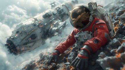 a man in a red space suit is climbing a mountain