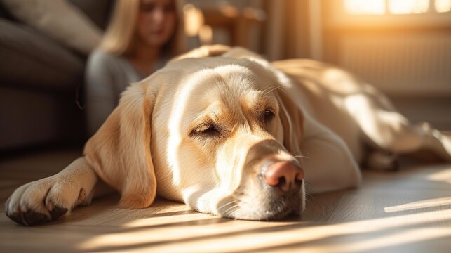 Front view of a white Labrador dog lying on the floor in a cozy, sunny home.