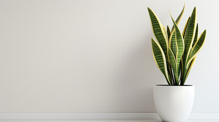 A snake plant in a modern white ceramic pot or vase in front of the white or gray wall background with natural sun light. minimalist interior houseplant. Copy space. Sansevieria plant. 