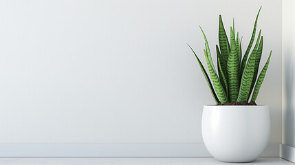 A snake plant in a modern white ceramic pot or vase in front of the white or gray wall background with natural sun light. minimalist interior houseplant. Copy space. Sansevieria plant. 