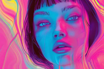 Fotobehang Hyperintense Colorblast Woman Face Background - Supermodel Girl Neon Overload Face with Vibrant and Swirling Energy Vitality Lines Representing the Landscape created with Generative AI Technology © Sentoriak