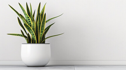 A snake plant in a modern white ceramic pot or vase in front of the white or gray wall background with natural sun light. minimalist interior houseplant. Copy space. Sansevieria plant. 