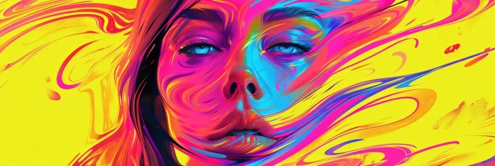 Gordijnen Hyperintense Colorblast Woman Face Background - Supermodel Girl Neon Overload Face with Vibrant and Swirling Energy Vitality Lines Representing the Landscape created with Generative AI Technology © Sentoriak