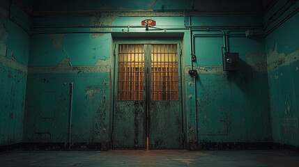 A door in a green room with a barred window
