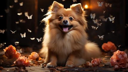 A Charm Pomeranian Dog Poses Against a Fantasy Canvas. Holiday concept of joy and happiness.