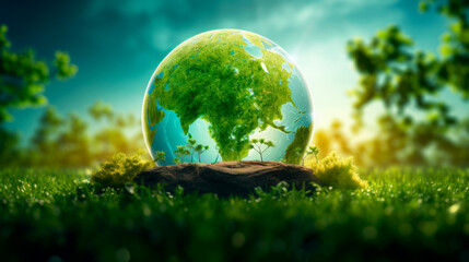 Earth depicted within a glass sphere, highlighting its delicacy and the urgent imperative to safeguard our planet's ecosystems for future generations' wellbeing. - obrazy, fototapety, plakaty
