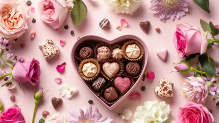 Romantic Heart-Shaped Box of Assorted Chocolates and Pink Roses - Sweet Gift of Love and Affection Concept