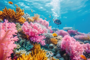 Vibrant coral reefs teem with life, pink and orange hues dominating the underwater tableau, as small fish dart through the scene-a snapshot of marine biology's colorful spectrum.