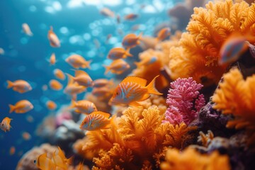 An underwater ballet of tiny orange fish flits among golden coral, the intricate dance a living testament to the studies of marine biologists in the ocean's depths.