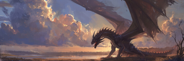 Legendary dragon in a sky, flying majestic fantasy creature