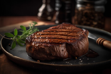 grilled steak on a plate made by midjourney