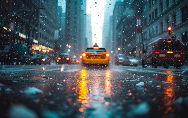 A photo capturing a yellow taxi cab driving down a street that is drenched in rainwater.