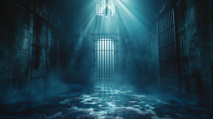 A dimly lit prison cell block with a light beam coming out of the window - obrazy, fototapety, plakaty