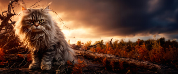 A long-haired cat stands sovereign against the tumult of a stormy sky, its demeanor reflecting the indomitable spirit of independence and the power of solitary grace. - obrazy, fototapety, plakaty