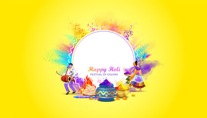 Happy Holi Festival circular template Design. Indian traditional festival of colors background. People playing with Colorful color splash, fun and holi celebration. - obrazy, fototapety, plakaty