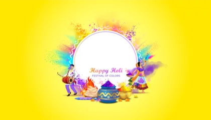 Fotobehang Happy Holi Festival circular template Design. Indian traditional festival of colors background. People playing with Colorful color splash, fun and holi celebration. © New concept & ideas