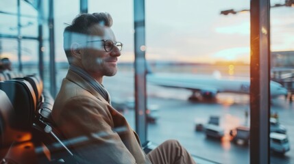 Businessman Wait for a Flight and Sit in the Boarding Lounge of the Airline, view from the airport terminal glass window with a view of an airplane. - obrazy, fototapety, plakaty