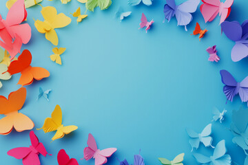Obraz premium origami paper butterflies on blue background. Colorful origami butterflies flying together. Butterfly Paper Cut on blue Background. with room for text