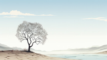 Minimalist illustration of a tree in a desert-like area