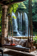 Stylish interior with swings on the background of a lake with a waterfall