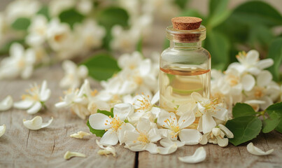 Obraz na płótnie Canvas Glass bottle with essential oil among the jasmin blossoms