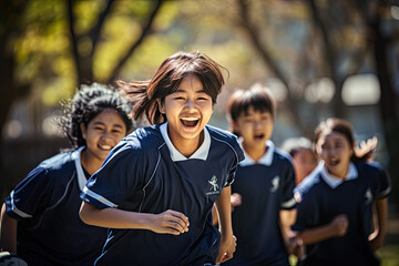 a small multicultural group of middle school korean students happily playing soccer outside on a sunny day wearing navy polos and pant - Powered by Adobe