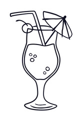 Doodle hand drawn icon of tropical cocktail with a straw, cherry, bubbles and an umbrella in a transparent glass. Modern concept for menus, banners, flyers of cafes, bars, restaurants