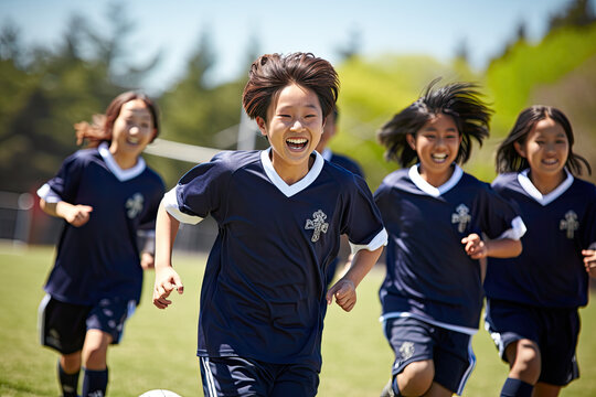 a small multicultural group of middle school korean students happily playing soccer outside on a sunny day wearing navy polos and pant