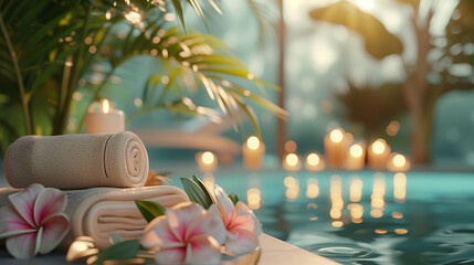 Obraz premium An inviting spa ambiance with rolled towels, frangipani flowers, and flickering candles by a tranquil pool at dusk.