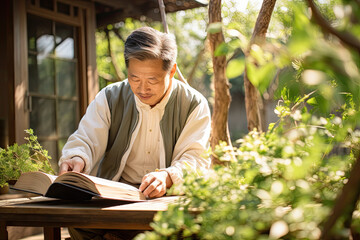 
Chinese middle-aged herbal farmer, in casual attire