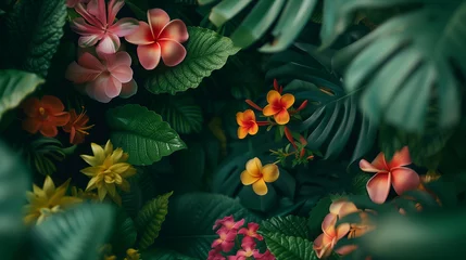 Keuken spatwand met foto A vibrant collection of tropical plumeria flowers nestled among lush green foliage, evoking the essence of a thriving paradise. © NaphakStudio