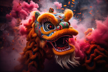 
dragon and lion dance show in chinese new year festival