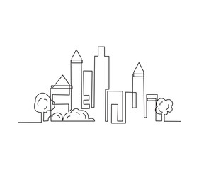 Continuous line drawing of Modern cityscape. Metropolis architecture panoramic landscape, Apartment buildings isolated minimalistic illustrations.  - obrazy, fototapety, plakaty