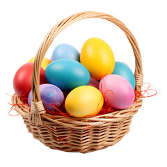Colorful Easter eggs in a basket on a transparent background