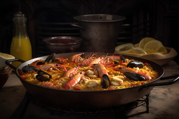 seafood paella in a pan made by midjourney