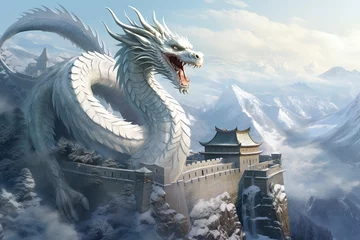 Keuken spatwand met foto Great Wall in China in ice age with flying dragon, ice and snow © Kitta