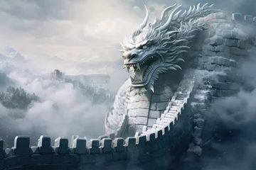 Foto op Canvas Great Wall in China in ice age with flying dragon, ice and snow © Kitta