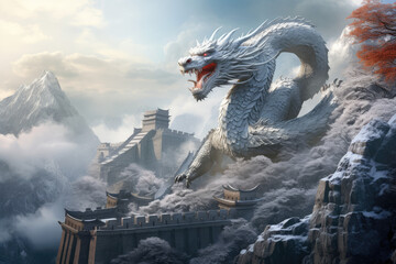 Great Wall in China in ice age with flying dragon, ice and snow