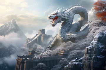 Schilderijen op glas Great Wall in China in ice age with flying dragon, ice and snow © Kitta
