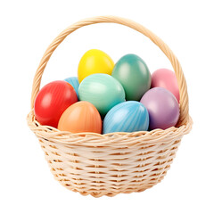 Fototapeta na wymiar Colorful Easter eggs in a basket on a transparent background