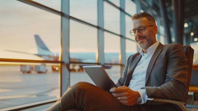 Businessman Waits for a Flight Uses Digital Tablet Computer Sitting in Boarding Lounge of Airline, view from the airport terminal glass window with a view of an airplane.
