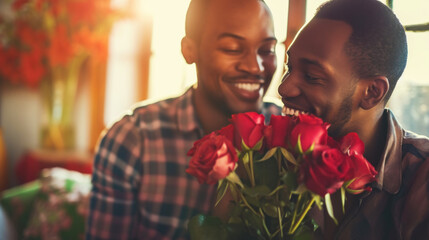 Happy African American gay couple hugging with bouquet flowers. Engagement celebration. Pride concept. Generative AI.