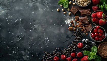 Flat lay composition with chocolate, berries and nuts on dark background. Top view with copy space