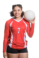 teen volleyball player isolated on white with ball.