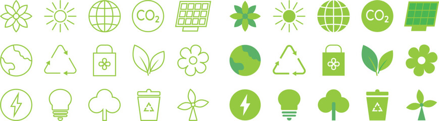 Set of environmental ecofriendly icons. Green organic outlined symbols with eco technology, solar panel, wind power plant, waste recycling, renewable energy, climate change and global warming concept
