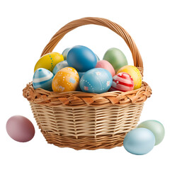 Colorful Easter eggs in a basket on a transparent background